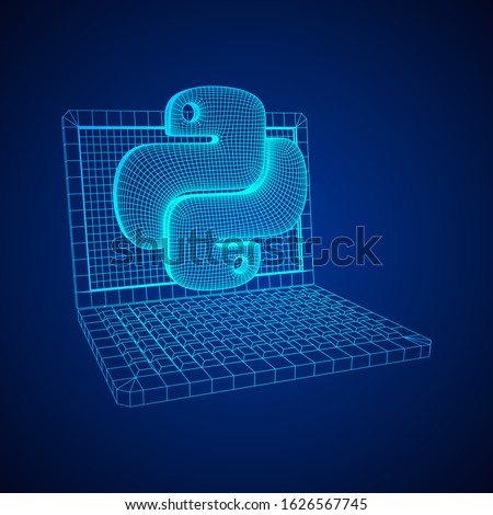 Python code language sign with notebook laptop device. Programming coding and developing concept. Wireframe low poly mesh vector illustration