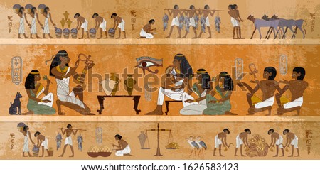Ancient Egypt frescoes. Hieroglyphic carvings on exterior walls of an old temple. Agriculture, workmanship, fishery, farm. Life of egyptians. History art  Royalty-Free Stock Photo #1626583423