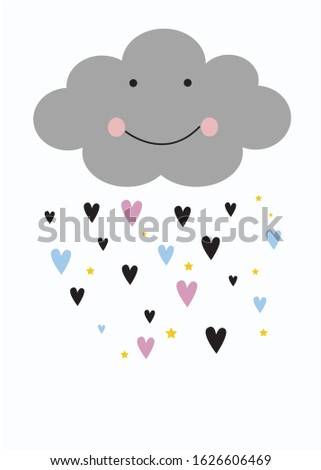 Cute face Smiling cloud and rain Falling heart-shape Pattern, Cloud white Background, Cloud Love Cards Vector Stock Vector Illustration.