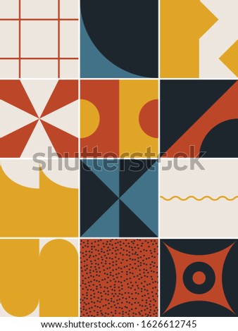 Mid-century geometric abstract pattern with simple shapes and beautiful color palette. Simple geometric pattern composition, best use in web design, business card, invitation, poster, textile print.