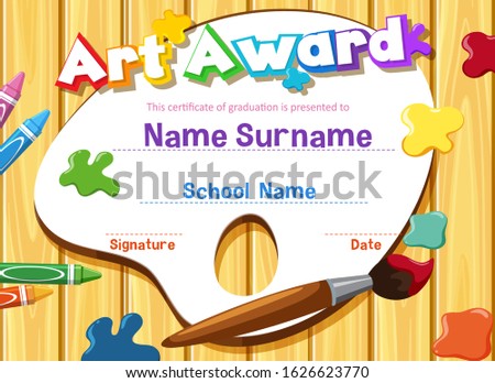 Certificate template for art award with paintbrush and paints in background illustration