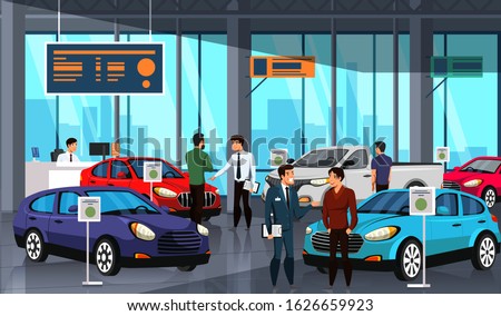 Sellers potential buyers group in luxury car showroom. Dealership center presenting new automobiles. Dealer manager with client discussing vehicle. Customers in distribution shop. Vector illustration Royalty-Free Stock Photo #1626659923