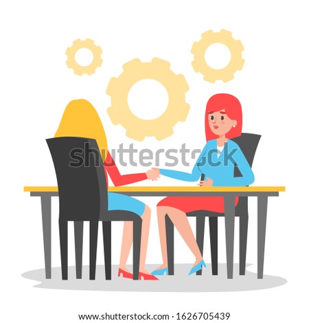 Business deal between woman and woman vector isolated. Business workers sitting at the table and shake hands. Successful agreement.