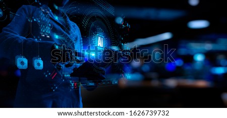 Artificial intelligence (AI) with machine deep learning and data mining and another modern computer technologies UI by woman hand touching CPU icon. Royalty-Free Stock Photo #1626739732