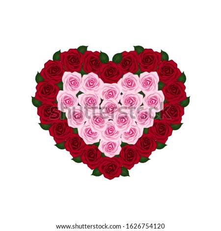 Heart of red and pink roses, without background, isolated. Clip art for Valentines Day.