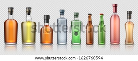 Realistic alcohol bottles. Transparent glass containers for whiskey, tequila, vermouth and other alcoholic beverages. Vector isolated set luxury bottle for beverage or premium drink Royalty-Free Stock Photo #1626760594