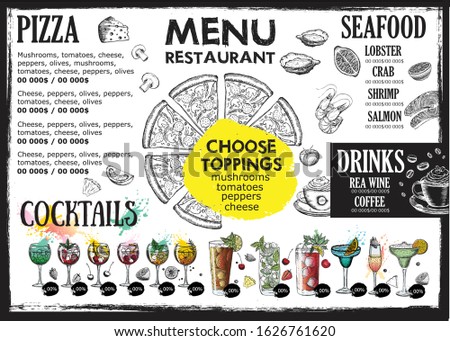 Menu restaurant brochure. Template design. Food flyer. Alcoholic cocktails sketch. Нand drawn illustrations.