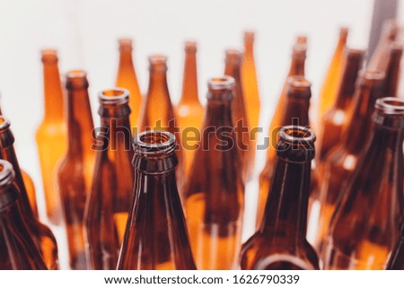 Close-up of beer bottles, focus on middle one, isolated on white background.