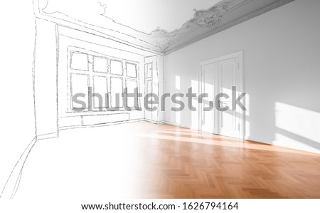 flat renovation, photo and sketch of renovated room 
