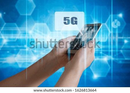 5G mobile technology concept - high internet speed.5G network wireless systems  communication network with smartphone in hand and objects icon connecting together, Connect global wireless devices.