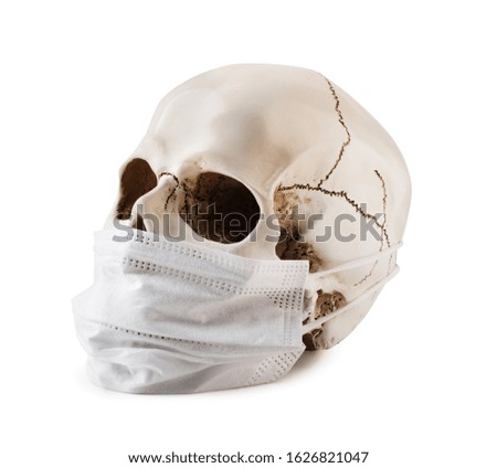 Skull with protective medicine mask isolated on white background. Danger from a new deadly coronavirus.