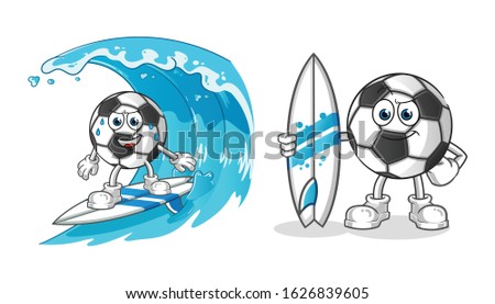 soccer ball. football ball surfing on the waves cartoon and holding a surfboard. cartoon mascot vector