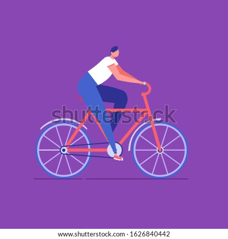Active man riding bicycle. Cycle rental in city. Concept of eco or environment friendly transport, active and urban lifestyle, alternative transportation. Vector illustration