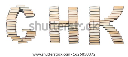 G H K letter from books. Alphabet isolated on white background. Font composed of spines of books