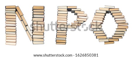 N P O letter from books. Alphabet isolated on white background. Font composed of spines of books