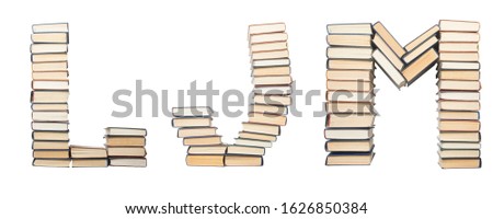 L J M letter from books. Alphabet isolated on white background. Font composed of spines of books