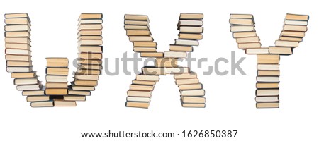W X Y letter from books. Alphabet isolated on white background. Font composed of spines of books