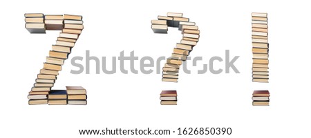 Question, exclamation mark, Z letter from books. Alphabet isolated on white background. Font composed of spines of books