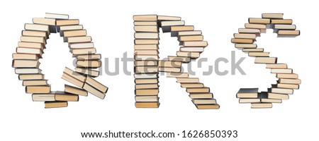 Q R S letter from books. Alphabet isolated on white background. Font composed of spines of books