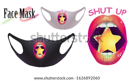 Vector realistic illustration of a medical facial mask. Isolated image of a fashionable facial mask. Drawing of female lips with the inscription.