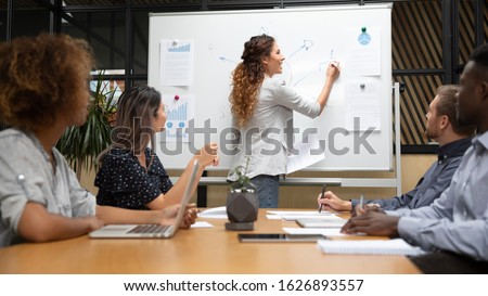 Smiling Caucasian female coach or speaker write on board present startup plan or strategy to multiracial employees in office, focused woman speaker make presentation to coworkers in boardroom Royalty-Free Stock Photo #1626893557