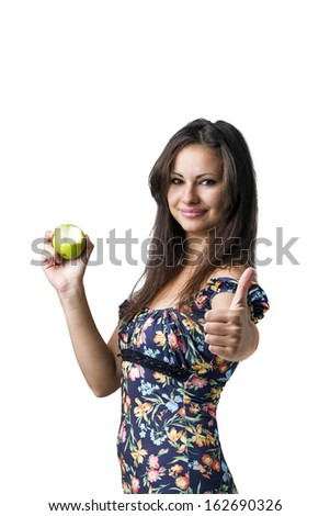 Girl with apple isolated on white background