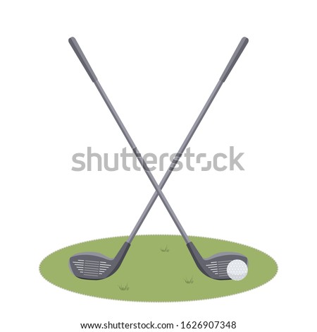 Two beautiful crossed Golf clubs and a ball on cute green grass court  isolated on white background.Sports equipment for golfing. Inventory for golfers.Vector flat illustration