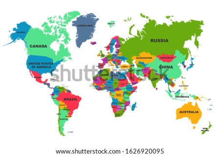 Political World Map, colourful world countries and country names, continents of the planet - stock vector