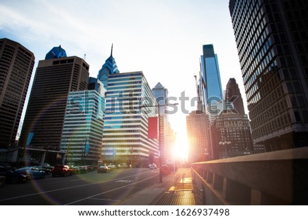 View of downtown skyscrapers of Philadelphia on Benjamin Franklin parkway at evening sunset time