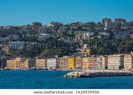 Tyrrhenian Sea Waterfront in Naples (Napoli) in Italy. Boulevard Via Francesco Caracciolo in the Bottom and Mergellina district on the hills above Royalty-Free Stock Photo #1626939406