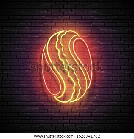 Vintage Glow Signboard with Coffee Bean. Cafe Label. Cappuchino, Espresso, Americano Drink. Neon Poster, Flyer, Banner, Postcard, Invitation. Brick Wall. Vector 3d Illustration. Clipping Mask