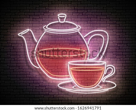 Vintage Glow Signboard with Glass Tea Pot and Cup. Cafe Label, Herbal Drink. Neon Poster, Flyer, Banner, Postcard, Invitation. Brick Wall. Vector 3d Illustration. Clipping Mask, Editable