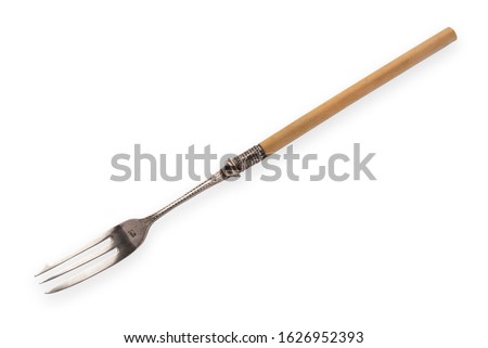 Antique Victorian Long Pickle Fork with Bone Handle. Vintage Flatware. Slender Chic Table Fork Designed for Pickles. Pen Tool Created Clipping Work Path Included in JPEG. Isolated on White Background