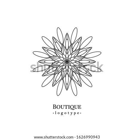 Adult coloring book mandala. Outlined floral arabesque, rosette, emblem. Indian symbol, sign. Isolated ornament drawing. Abstract lacy logo for boutique, flower shop, company label. Card print.
