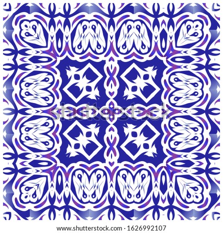 Traditional ornate portuguese azulejos. Set of vector seamless patterns. Geometric design. Blue abstract backgrounds for web backdrop, print, pillows, surface texture, wallpaper, towels.