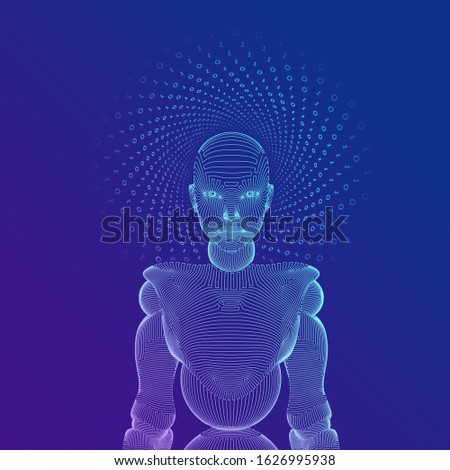 Wireframe female cyborg or robot. Abstract cyber woman. Sci-Fi cybernetic robot with AI. Machine learning and artifactial intelligence technology concept. Digital brain. Vector illustration.