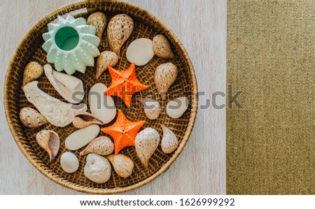 Shells decoration with orange sea stars on a beach house