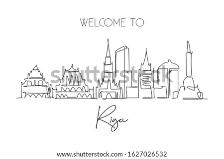 One single line drawing of Riga city skyline, Latvia. Historical town landscape in world. Best holiday destination poster print. Editable stroke trendy continuous line draw design vector illustration