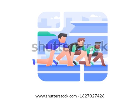 Running race vector illustration. The runners wait on cue and get ready to run at the starting line.