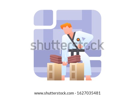 Karate vector illustration. A black belt karate athlete destroys a pile of stones with very powerful punch.