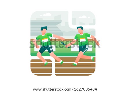Relay race vector illustration. A relay race athlete gives a baton to his teammates.
