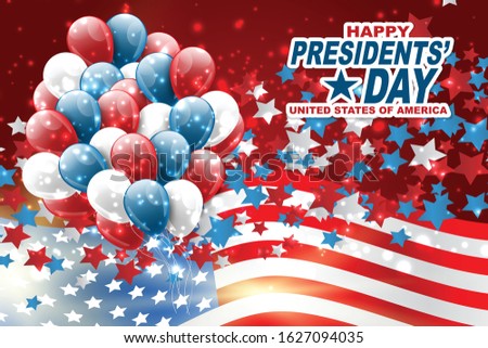 Happy Presidents day banner background. USA waving flag with balloons and stars. American public holiday. Realistic vector illustration.