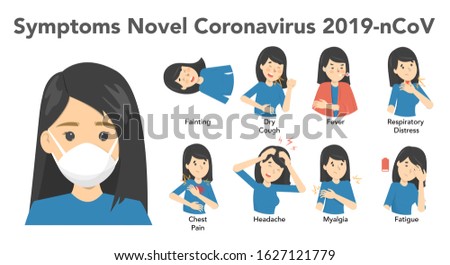 Symptoms of novel coronavirus 2019-ncov covid-19 infographic on white background. Masked woman and symptoms Royalty-Free Stock Photo #1627121779