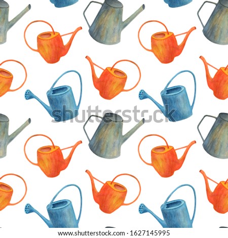 Watercolor watering can seamless pattern. Hand drawn cute gardening tools illustration isolated on white background. Texture for cards, design, wrapping paper, textile