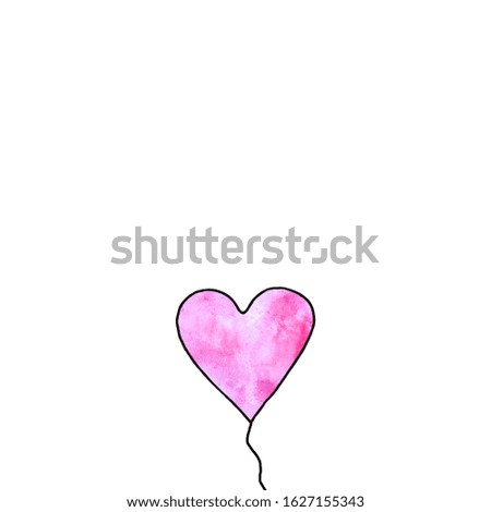 Pink watercolor balloon in shape of heart isolated on white background. Symbol of love, romance. Simple illustration for Valentines day, birthday, wedding, greeting card, web. Doodle hand drawn.