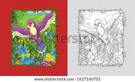cartoon scene with beautiful bird on the meadow with sketchbook illustration for children
