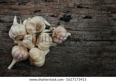 Garlic on Wooden Background with Copy Space for Texts
