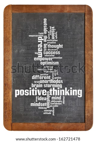 cloud of words or tags related to positive thinking on a  vintage slate blackboard isolated on white