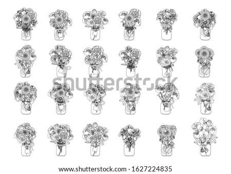 Hand drawn black and white collection of doodle style bouquets of flowers. Monochrome roses, peony, succulent, orchid, dahlia, vector floral design clip art. Isolated on white background.