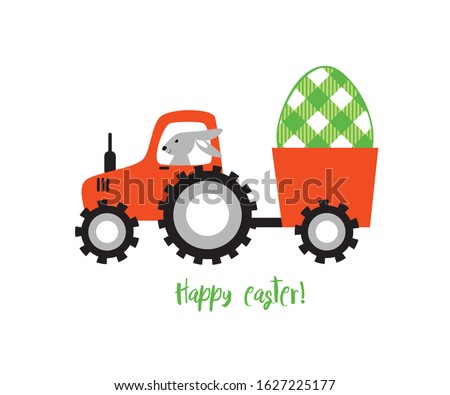 
Bunny Farm Tractor Easter Design. Rabbit Delivering  Easter Egg. Cartoon vector illustration. Nursery Art.